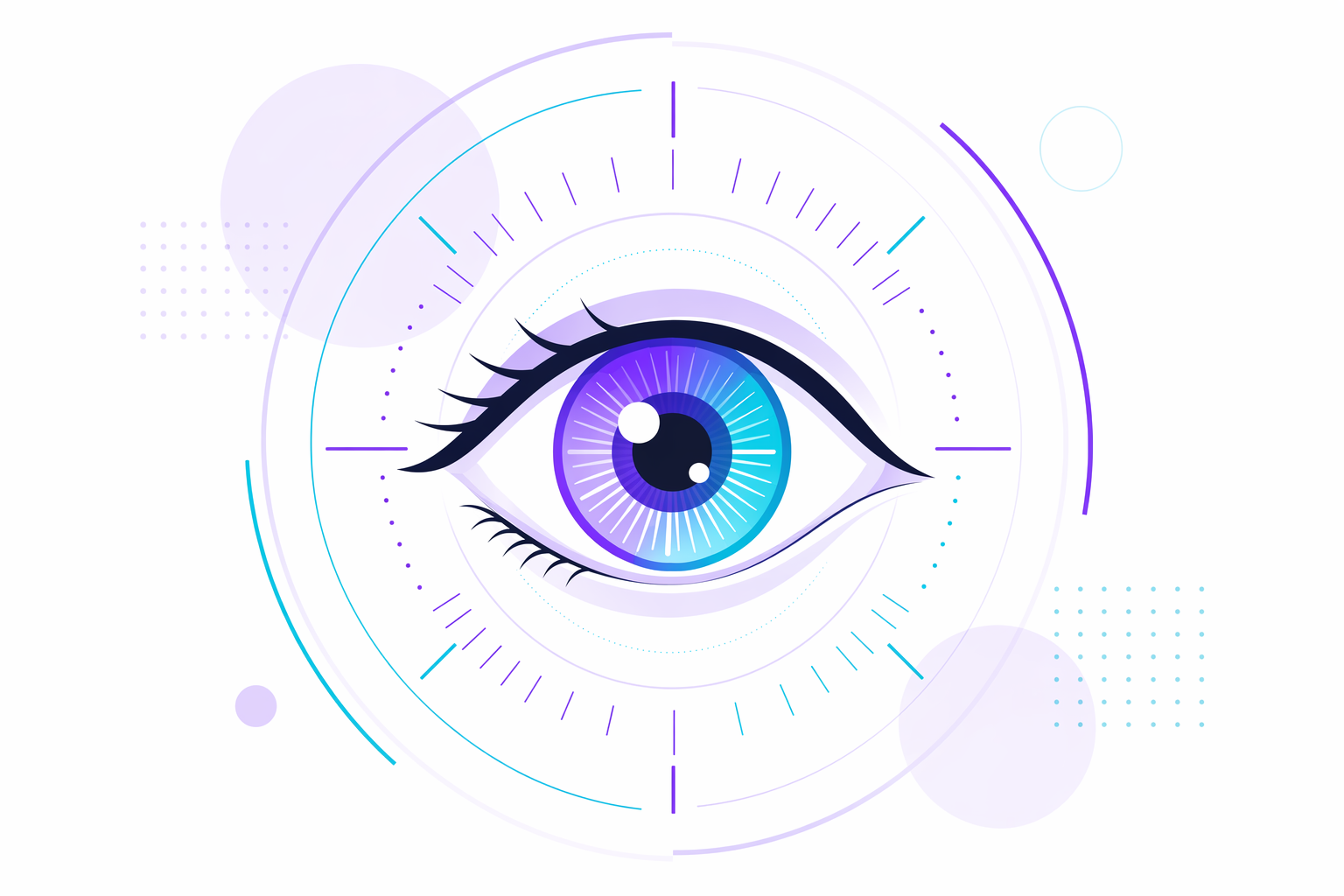 Illustration of an eye in sharp focus inside a violet lens ring, representing clear vision after correction